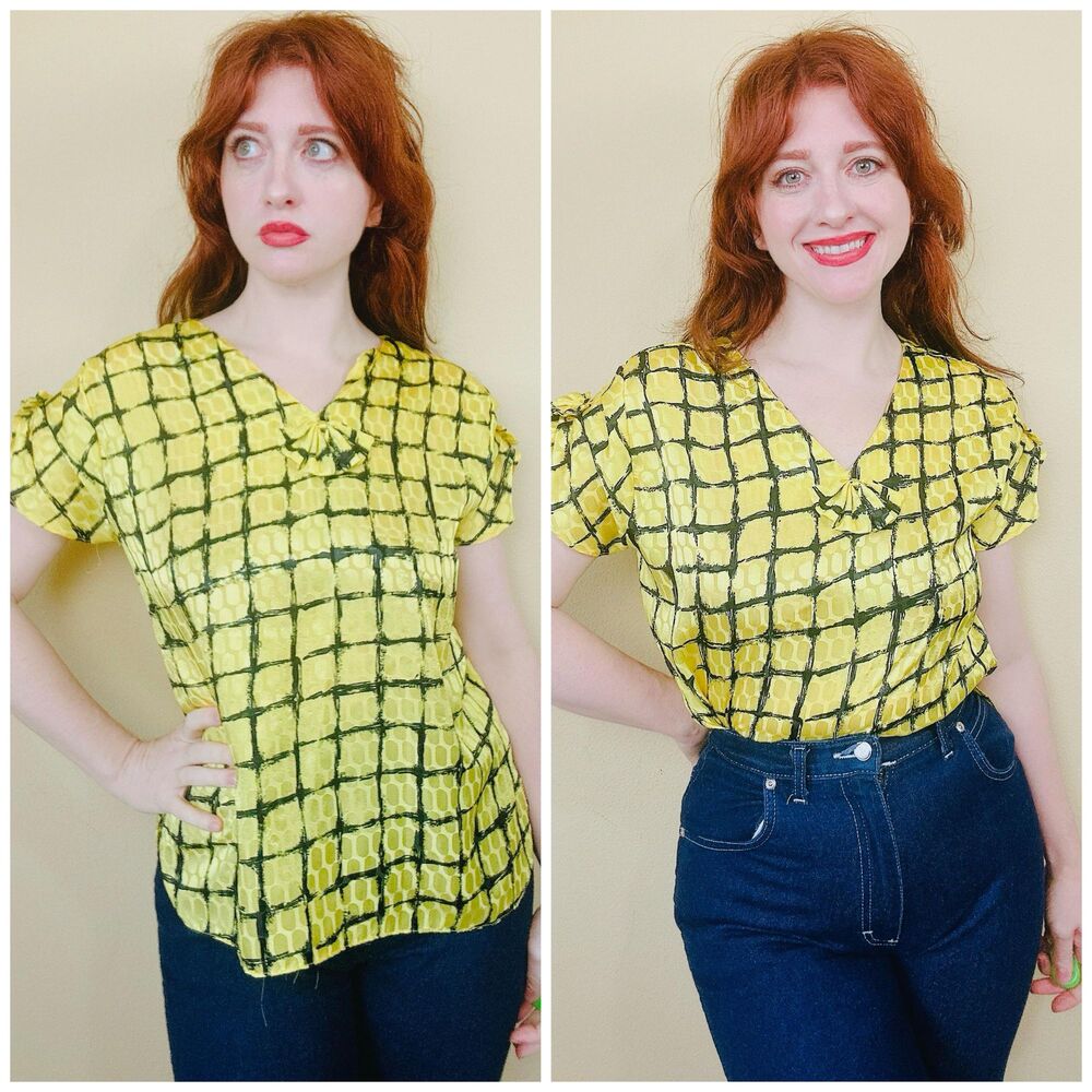 1980s Vintage Poly Silk Black and Yellow Blouse / 80s Bow Grid Large